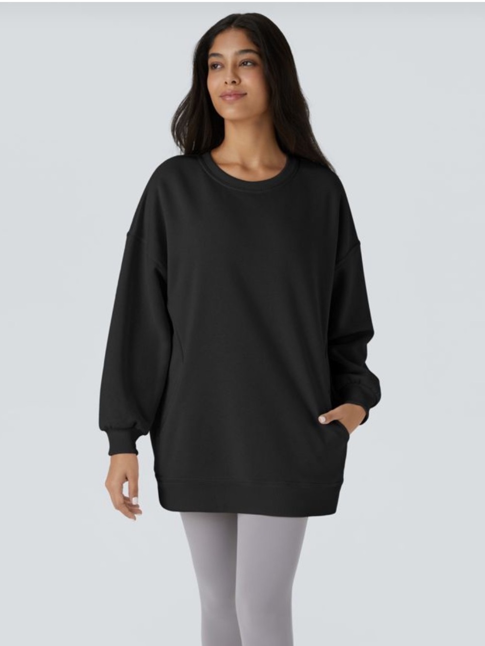 Round Neck Long Sleeve Pocket Oversize Fleece Casual Sweatshirt